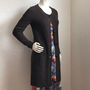 Ellen Tracy duster length Marino wool blend sweater with chunky buttons